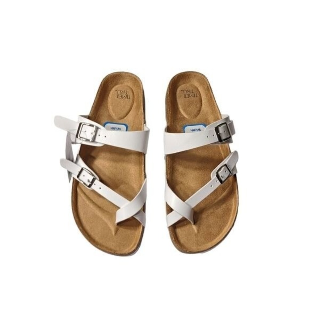 Time and Tru White‎ Sandals Women's 8 Wide Width Cork Footbed Buckle Comfort